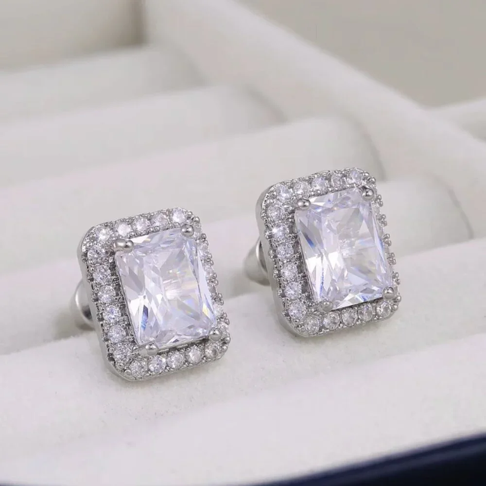 925 Sterling Silver Diamond Emerald Cut Stud Earrings_3